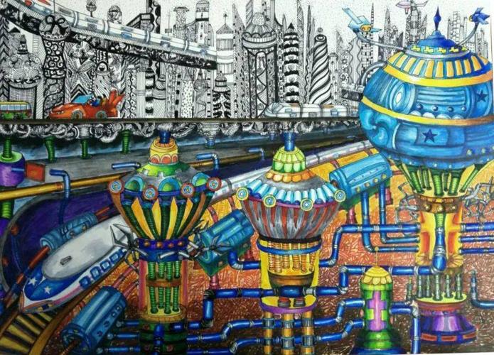 科幻画是科学幻想的内容,有一定的科学依据,通过绘画的手段,在画面上