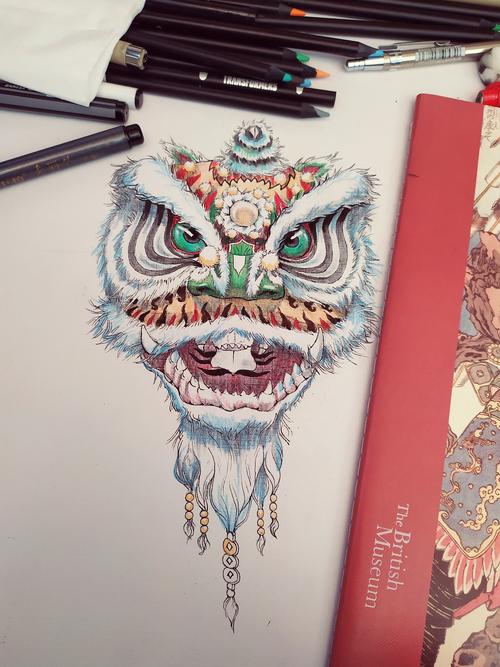 2019年末彩铅手绘醒狮