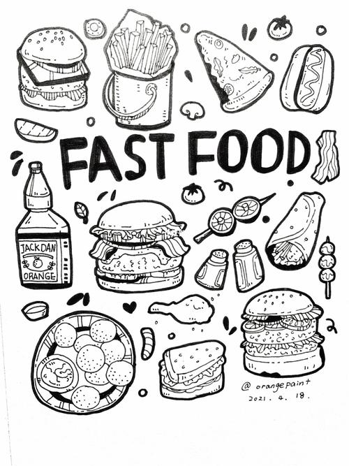 黑白简笔画_手绘_简笔画_炸鸡_汉堡_教程_橘子_美食_简笔画教程_文化