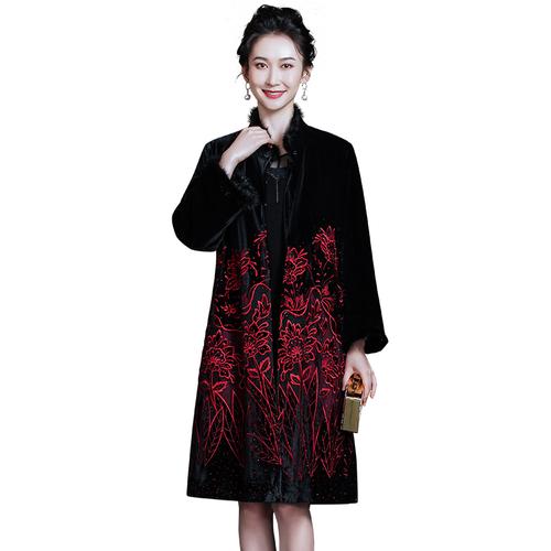 高贵刺绣金丝绒风衣外套秋冬喜婆婆貂毛大衣结婚宴妈妈丈母娘礼服