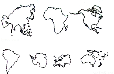 填图,在下面的大洲轮廓中,填出七大洲的名称.