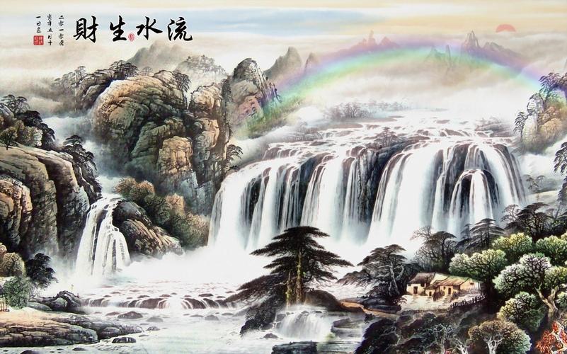 可定制风水贴画客厅门店招财壁画高山流水聚宝盆桂林山水风景画