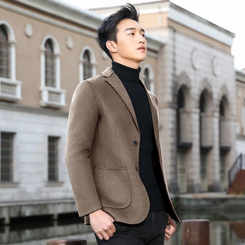 羊毛呢大衣男士春秋双面妮子外套短款羊绒西服修身加厚休闲上衣潮