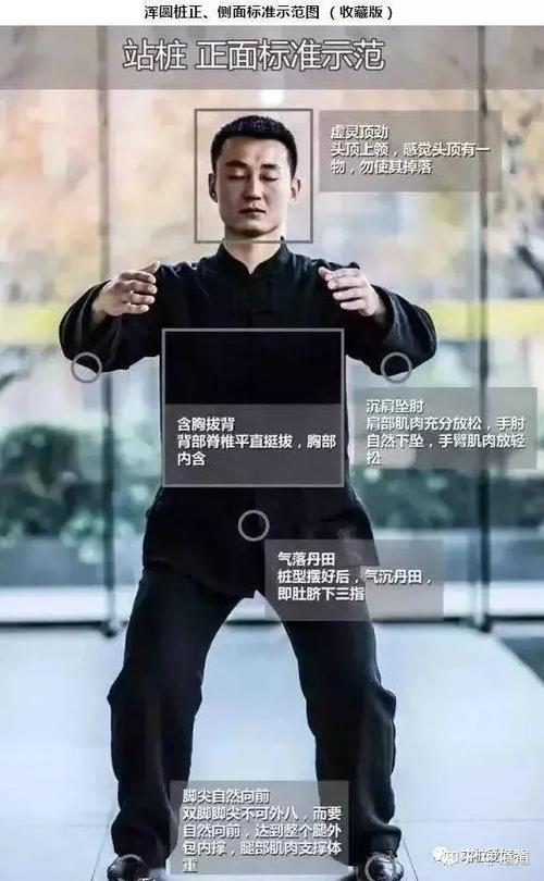 这种两臂环抱的站桩姿势,在技击意义上含有"守中"的意思.
