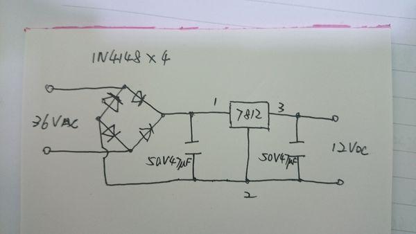 1只7812三段稳压管 2只50v47uf电容组成一个简单的整流稳压电路即可