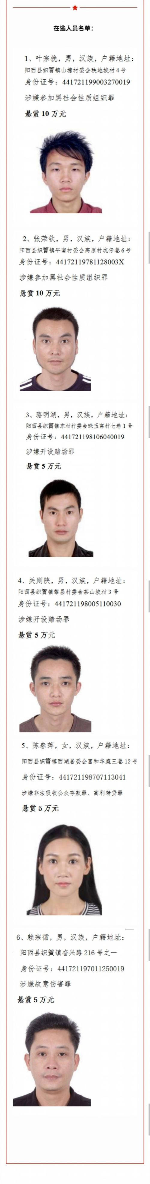 阳江警方悬赏最高10万通缉6名涉黑恶逃犯一女子涉嫌非法吸存