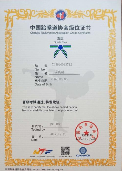 这是我的跆拳道绿蓝带证书.