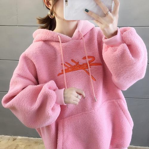 羊羔毛绒粉色卫衣女2020秋冬新款韩版宽松加绒加厚慵懒外套潮ins