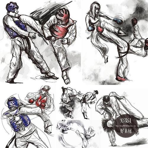 手绘水墨人物中华武术拳击跆拳道动作速写矢量设计素材 f005-淘宝网