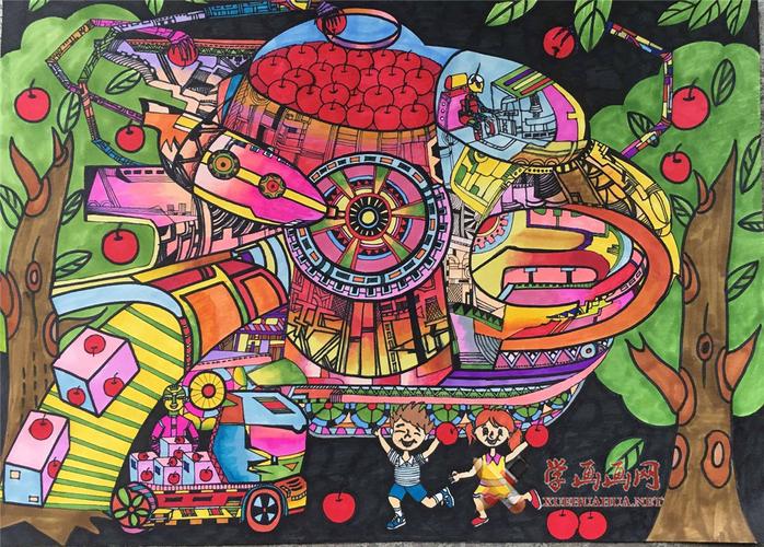 儿童科幻画:《多功能智能采摘机》