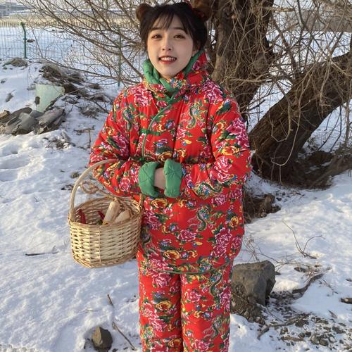 棉袄女冬加厚民族风碎花棉服时尚棉衣棉裤套装女外穿学生网红潮红色