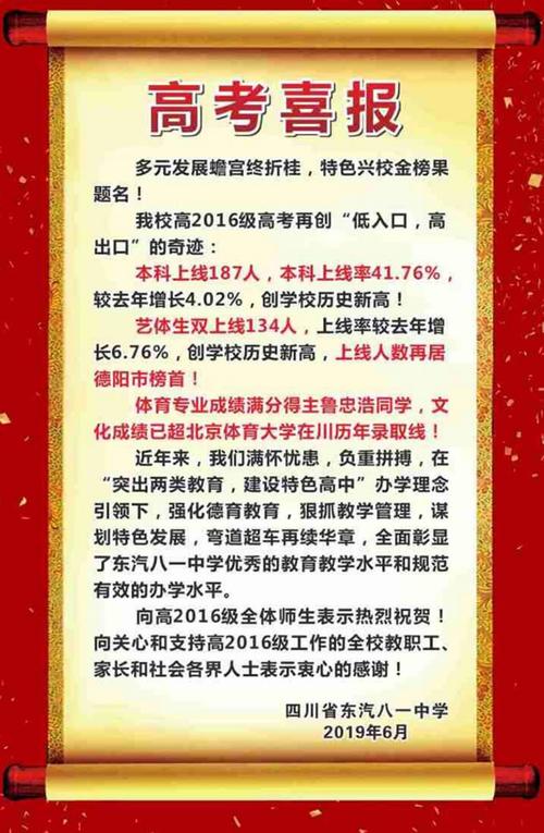 2019年四川省东汽八一中学高考喜报本科上线率4176