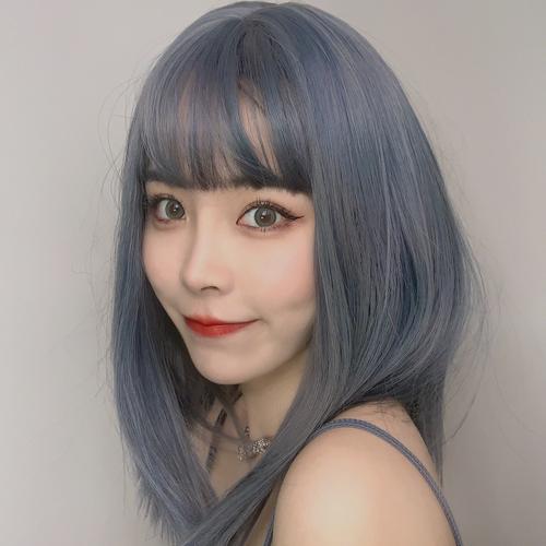 雾霾蓝假发女长直发网红同款锁骨发气质修脸烟灰蓝化纤假发女现货