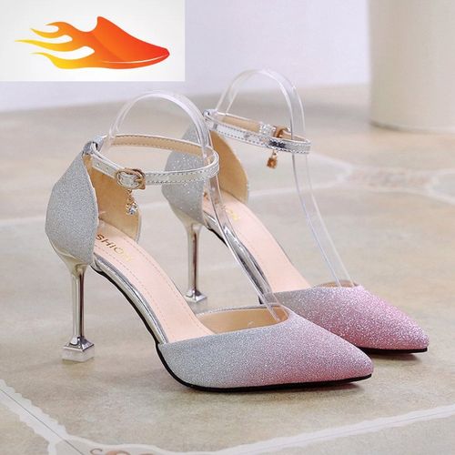 2019早春新款女鞋凉鞋尖头单鞋高跟鞋细跟婚礼新娘鞋银粉色水晶鞋视频