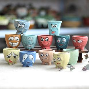 迷你卡通萌萌哒表情多肉花盆 手工彩绘浮雕拇指盆 陶瓷小摆件