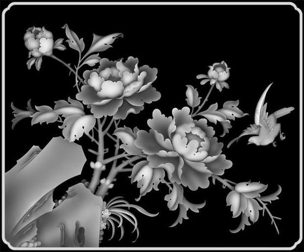 牡丹花鸟顶箱柜 电脑精雕图浮雕图雕刻图灰度素材 尺寸348*287