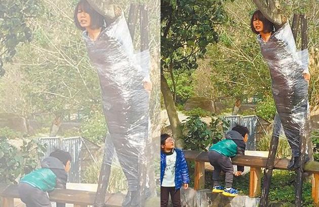 女子遭人用保鲜膜 br />捆绑台湾动物园树上