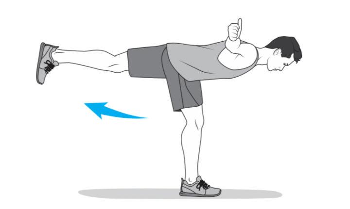 2 燕式平衡 站立姿,两手向两侧伸直,身体重心转移到右侧腿,右腿小腿