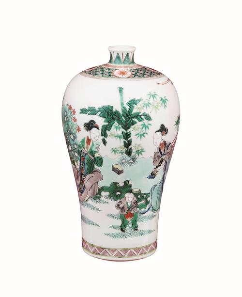 大清康熙年制 青花五彩三娘教子梅瓶