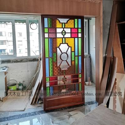 复古满洲窗西关大屋趟栊门木格彩色屏风骑楼海棠艺术压花玻璃隔.