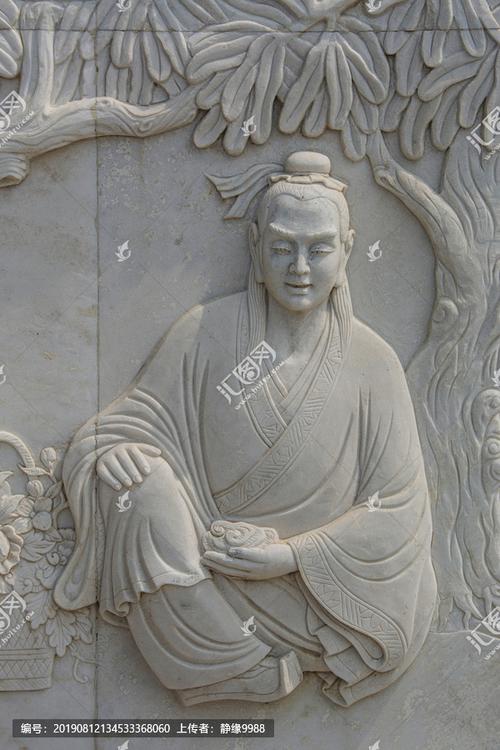 修道成仙前蓝采和坐在树下壁雕,雕塑艺术,文化艺术,摄影,汇图网www.