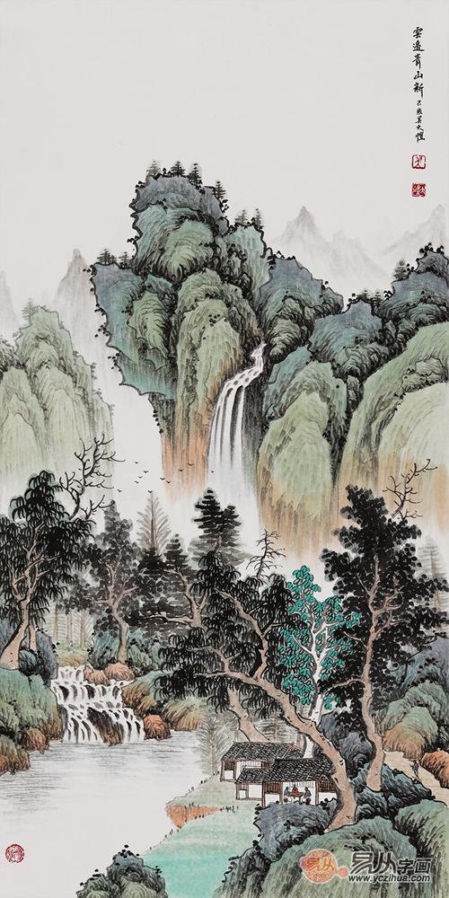 吴大恺新品国画创作青绿山水画《云边青山新》