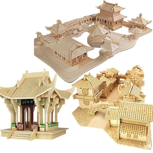 儿童玩具diy手工拼插仿真模型3d立体拼图木质拼装立体拼插古建筑模型