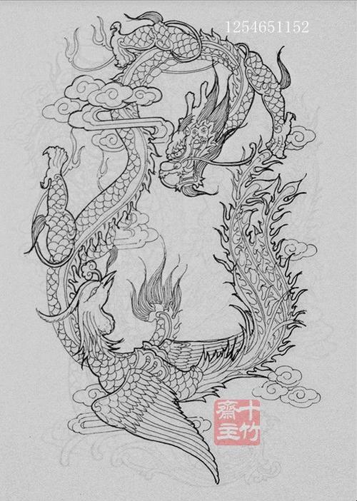 白描龙凤神兽图