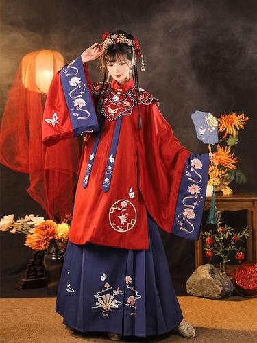 红蓝色原创汉服女韶华蝶梦明制立领长袄花嫁云肩马面裙婚服春秋款