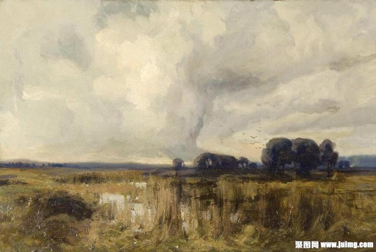 草地树木风景油画