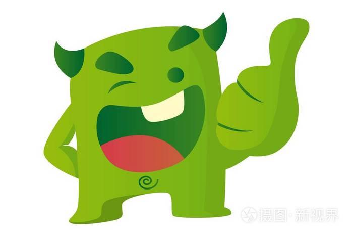 可爱的绿色怪物眨着眼睛,竖起大拇指.矢量卡通插图.孤立在白色背景上.