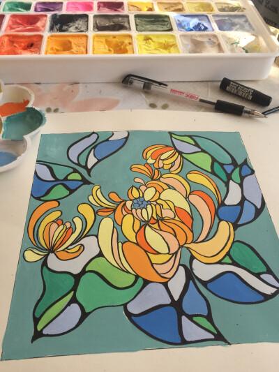 彩色 装饰画 冷暖对比 菊花