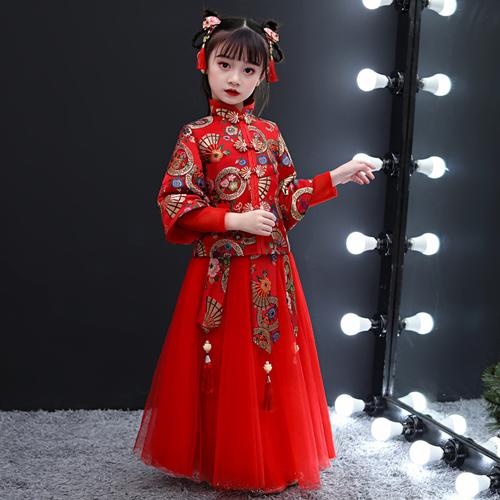 新款女童两件件套旗袍裙中国风红色小女孩加厚唐装