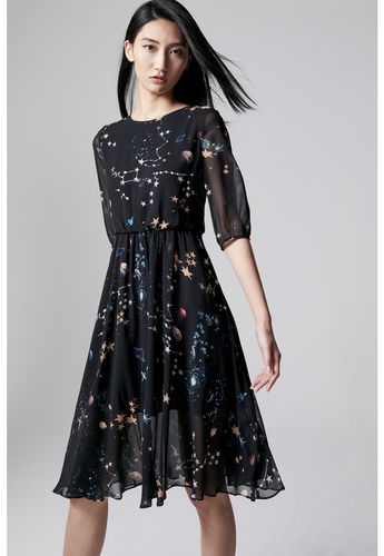 朗姿夏新款甜美法式显瘦气质星空短袖真丝荷叶边鱼尾连衣裙 黑色 170