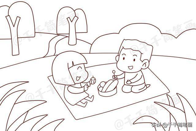 儿童春天风景画大全学校组织大家郊游简笔画