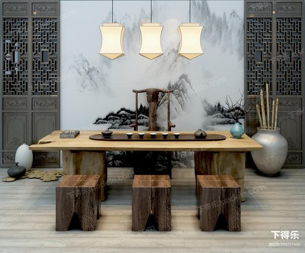 新中式茶桌背景组合id:3007276003d模型-下得乐