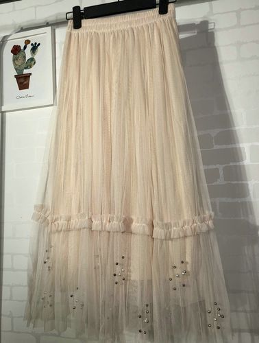 2018年春手工钉珠拼接花边纱裙半身裙长款蓬蓬裙子女8630