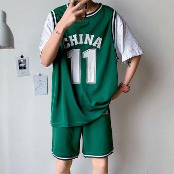 篮球服宽松休闲套装男球服套装假两件嘻哈街头情侣 绿色套装 m