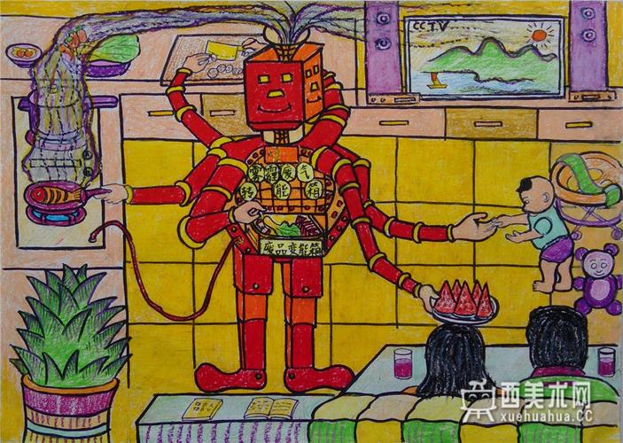 儿童科幻画《环保机器人保姆》欣赏