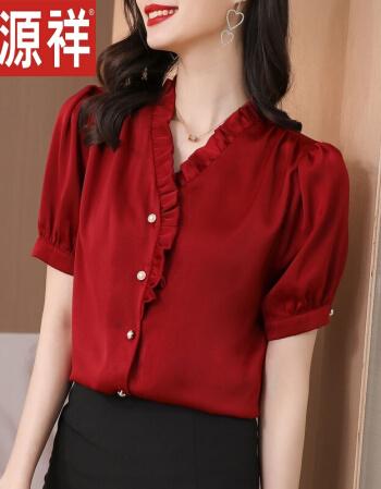 恒源祥仙气雪纺小衫女短袖夏装新款超仙木耳边领甜美上衣红色衬衫酒