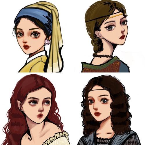 卡通古典油画人物戴珍珠耳环的少女女生头像_头像_卡通_女生头像_油画