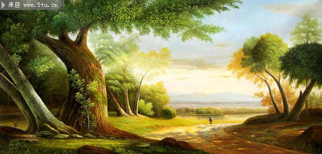 唯美风景油画图片,主题为风景油画,可用作油画大图,装饰画,树林,树木
