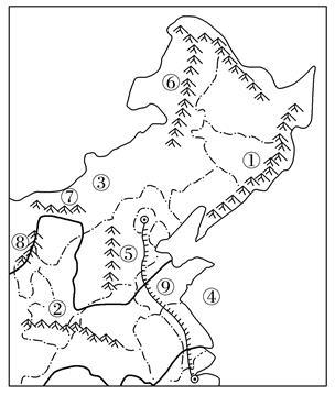 北方地区  ①_______(山脉); ②_______(山脉);③_______(地形区);④