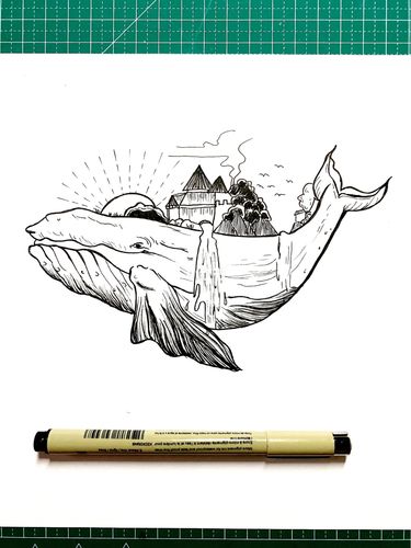 针管笔手绘/黑白装饰画/蓝鲸/海豚/《鲸系列一》 林深