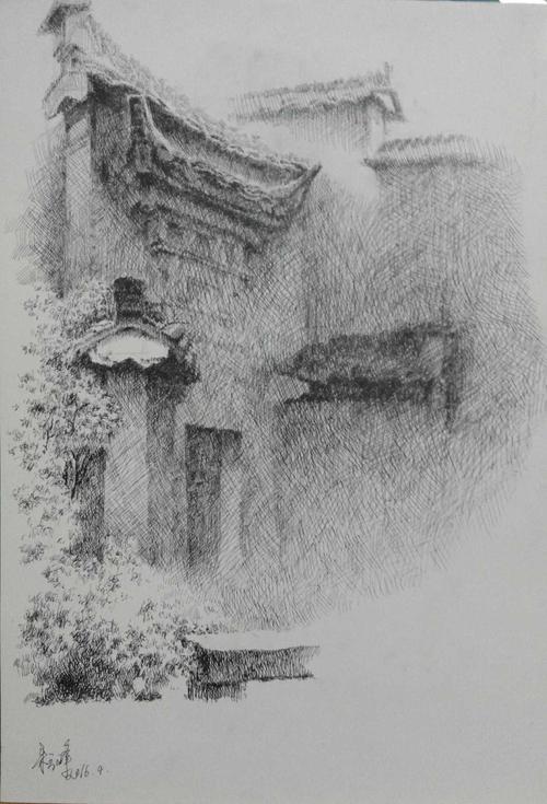 安徽西递,屏山钢笔画写生