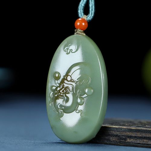 寓意【财到福到】苏建云玉雕工作室作品和田玉碧玉挂件 重15.49克