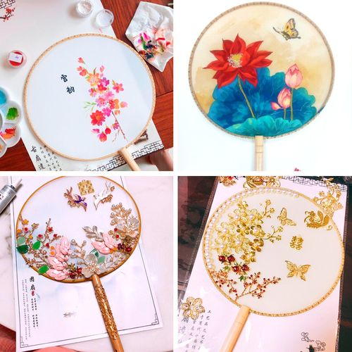 手绘刺绣国画真丝扇子工笔团扇绢布