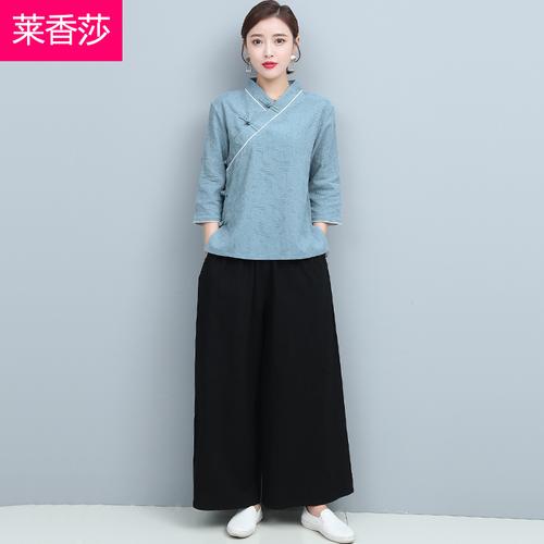 禅修居士服瑜伽服两件套复古汉服女春夏中国风唐装棉麻茶服套装女上衣