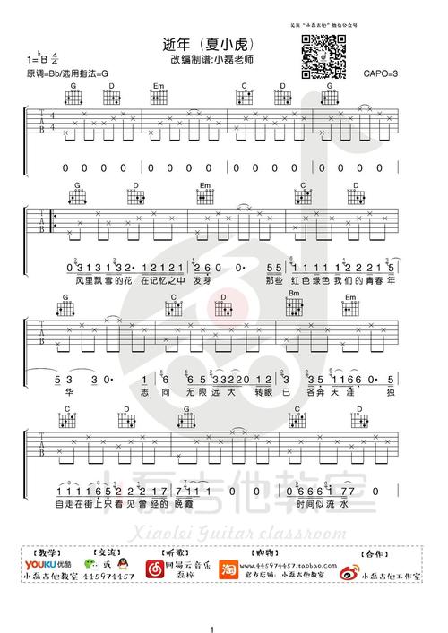 吉他谱《逝年》夏小虎_吉他弹唱演示教程_g调六线谱
