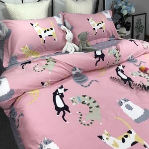ins卡通猫咪四件套 纯棉可爱粉色女生1.5m1.8米床单全棉床上用品